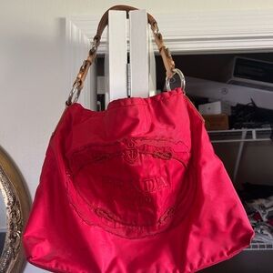 Prada Red Nylon Tessuto Shoulder Bag with Tan Leather Handle